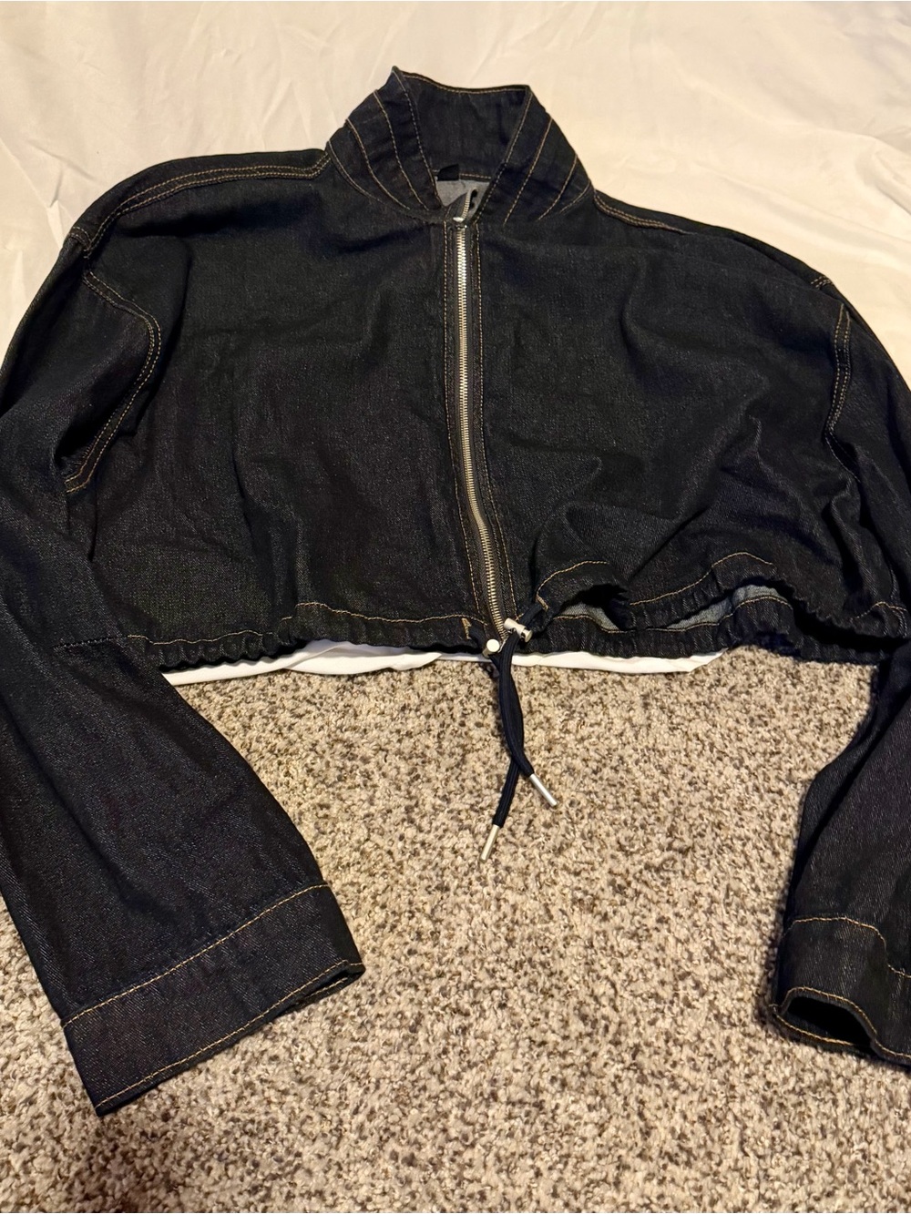Cropped Black Denim Zip-Front Jacket